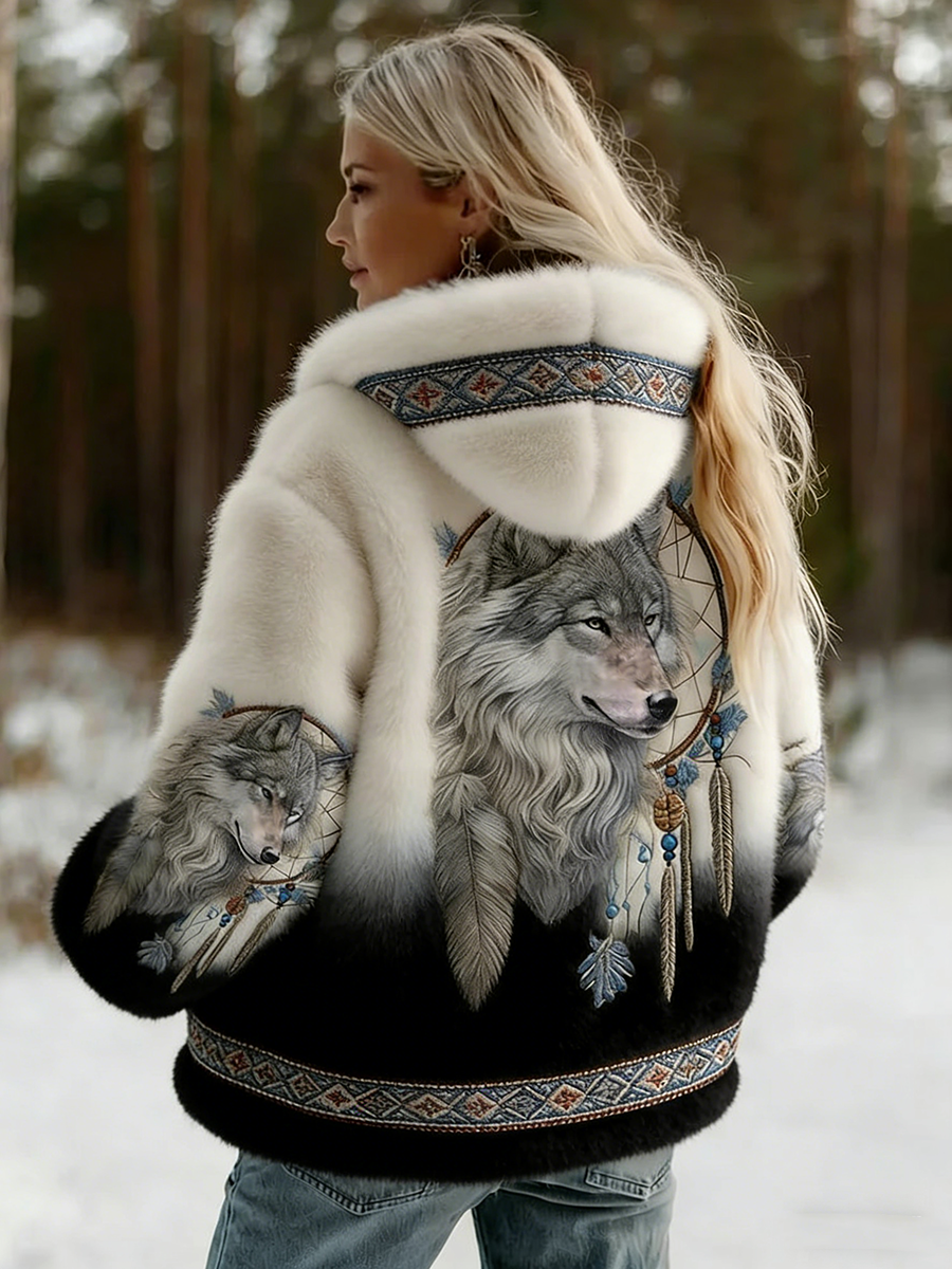 Dahlina - Hooded Wolf-Print Jacket