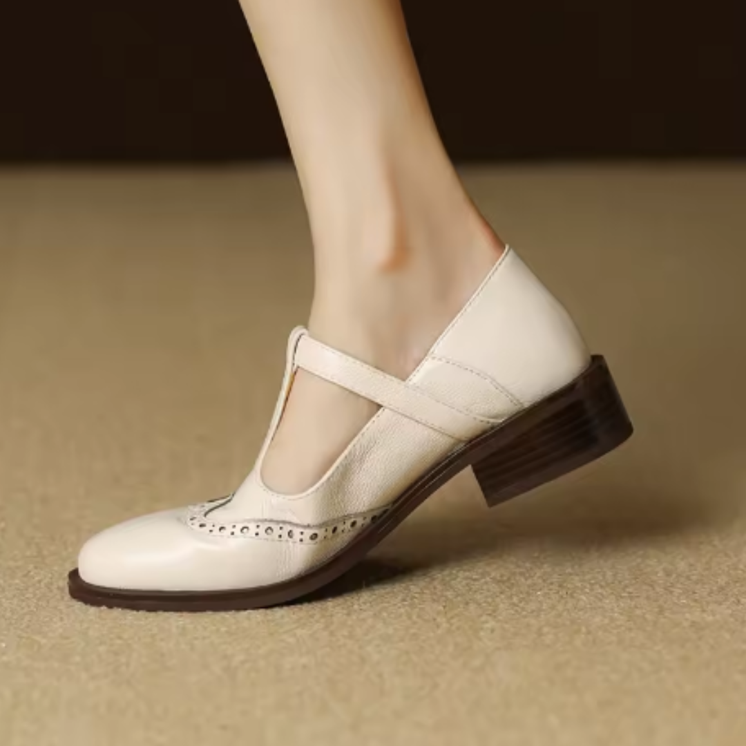Nadine - Leather T-Strap Mary Jane Shoes Low Block Heel