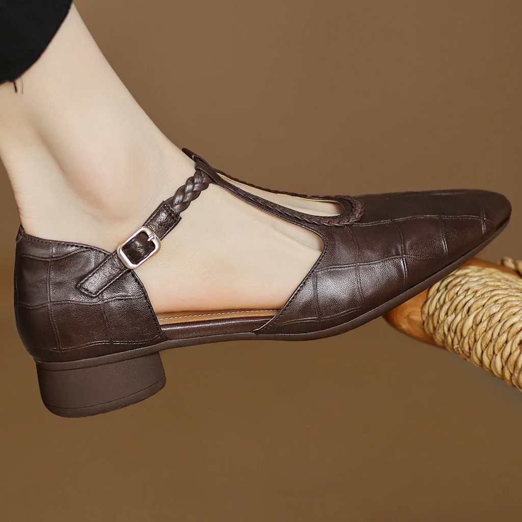Margot - Leather T-Strap Mary Jane Flats Pointed Toe Flat