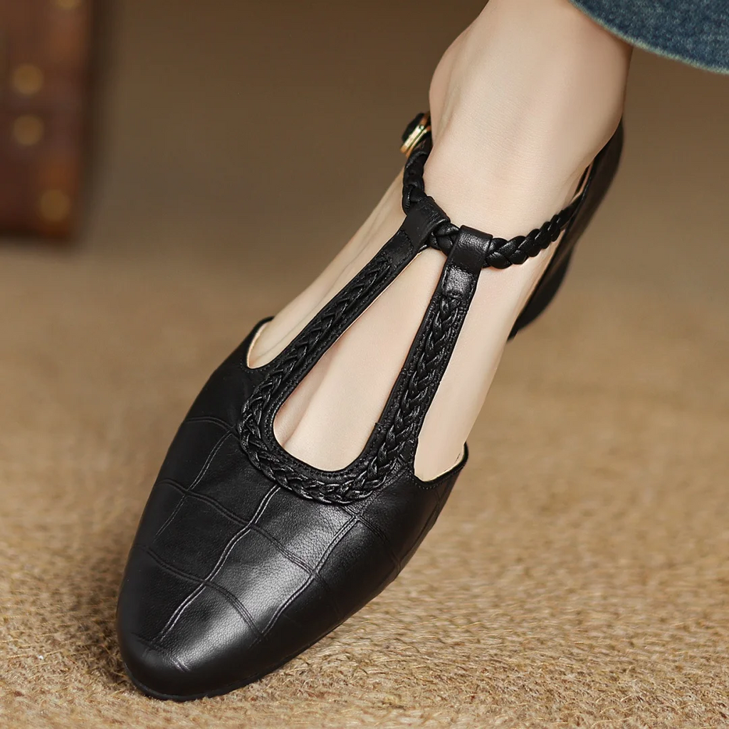 Margot - Leather T-Strap Mary Jane Flats Pointed Toe Flat