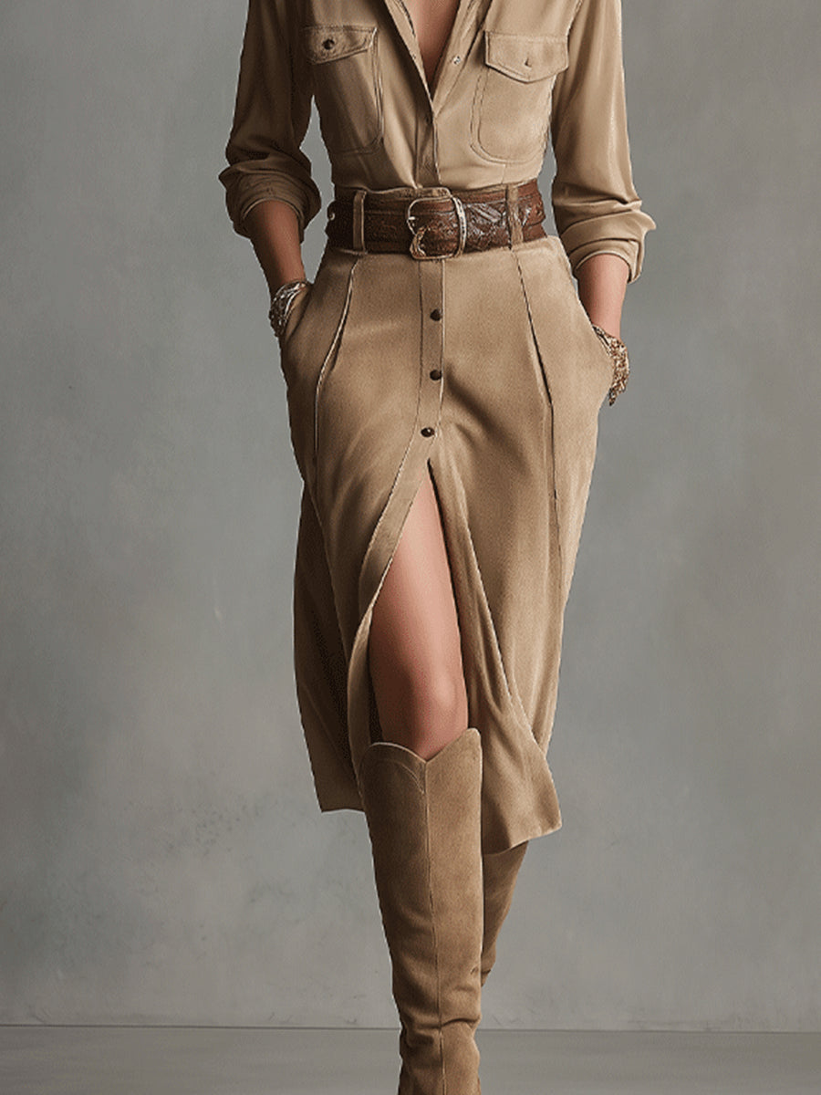 Ivy - Brown Suede Midi Dress