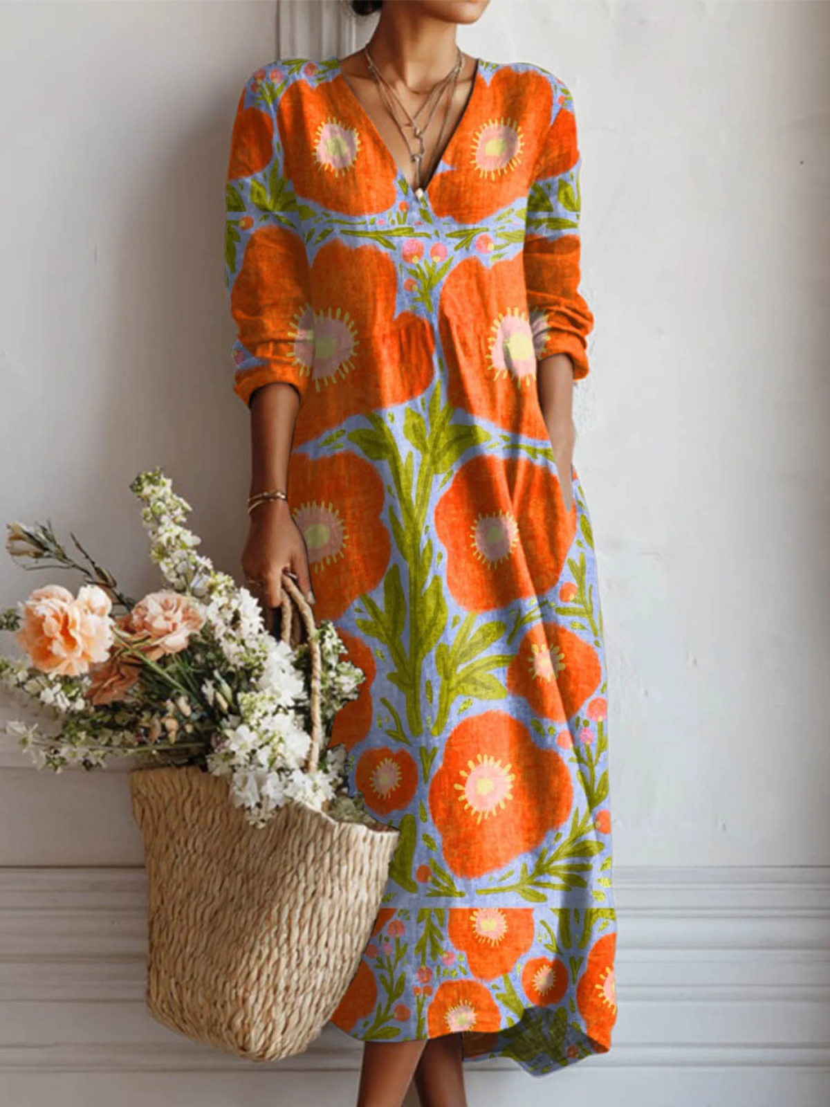 Amoura - Bohemian Flow V-Neck Midi Dress