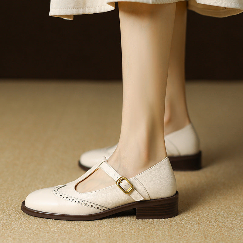 Nadine - Leather T-Strap Mary Jane Shoes Low Block Heel