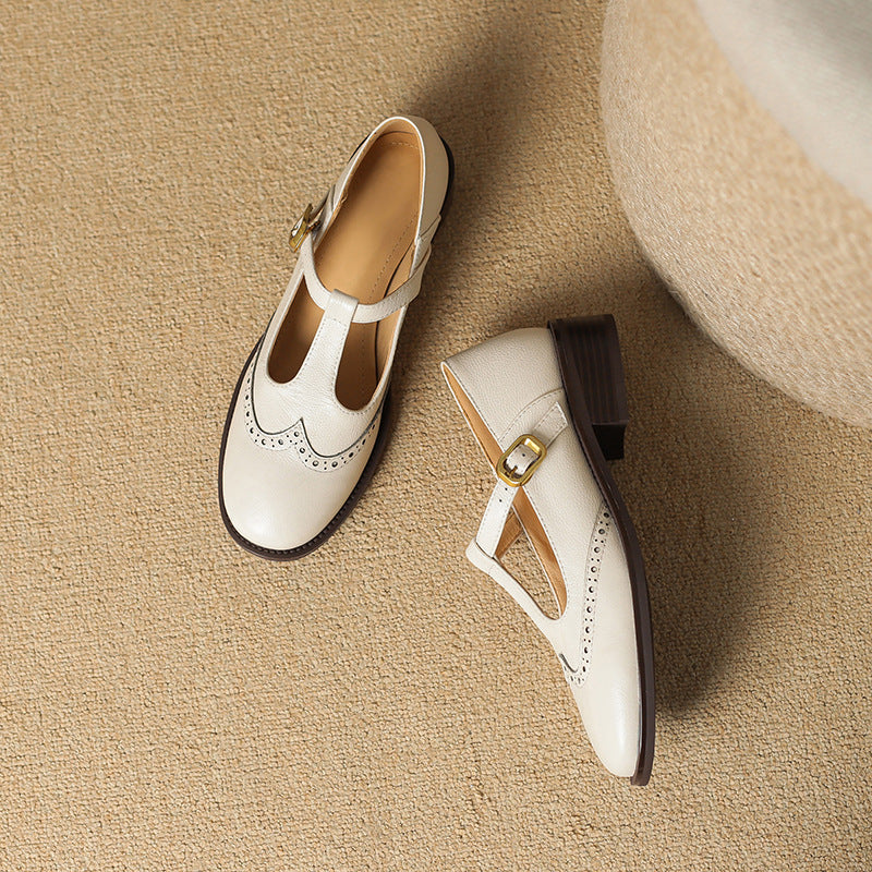 Nadine - Leather T-Strap Mary Jane Shoes Low Block Heel