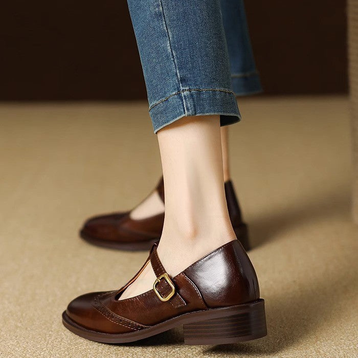 Nadine - Leather T-Strap Mary Jane Shoes Low Block Heel