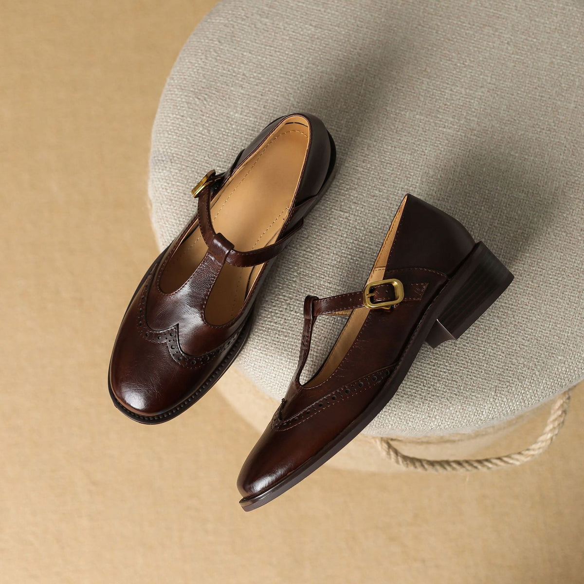 Nadine - Leather T-Strap Mary Jane Shoes Low Block Heel