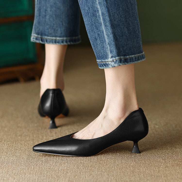 Camille - Pointed Toe Pumps Low Kitten Heel Slip On Shoes