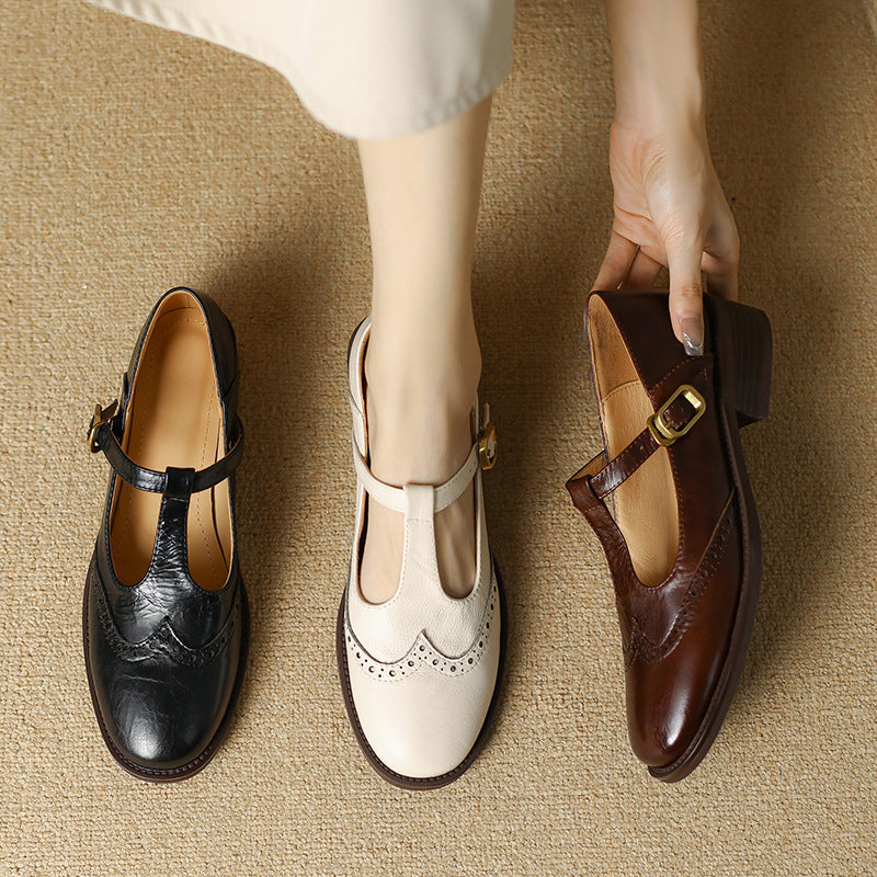 Nadine - Leather T-Strap Mary Jane Shoes Low Block Heel