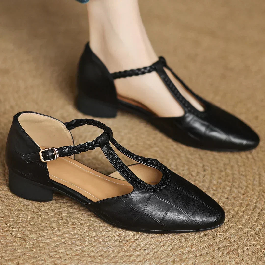 Margot - Leather T-Strap Mary Jane Flats Pointed Toe Flat