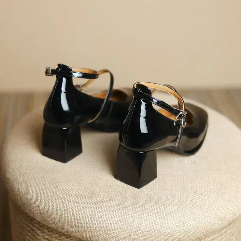 Celeste - Ankle Strap Block Heel Pumps Square Toe Mary Jane