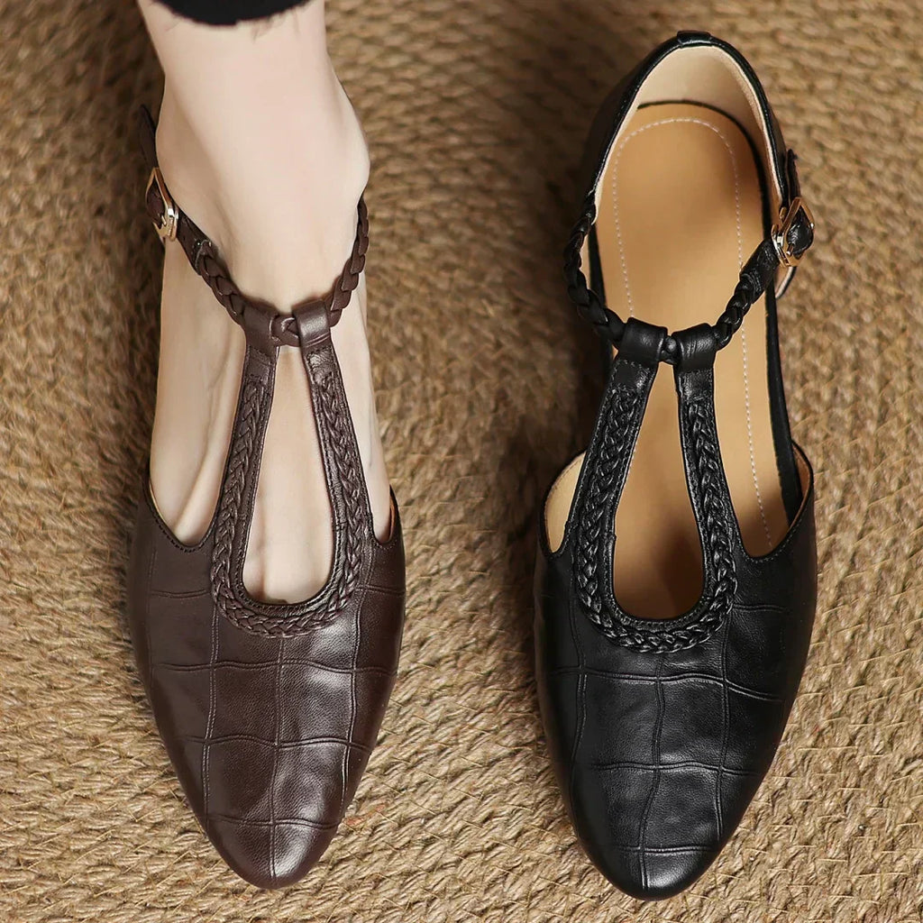 Margot - Leather T-Strap Mary Jane Flats Pointed Toe Flat