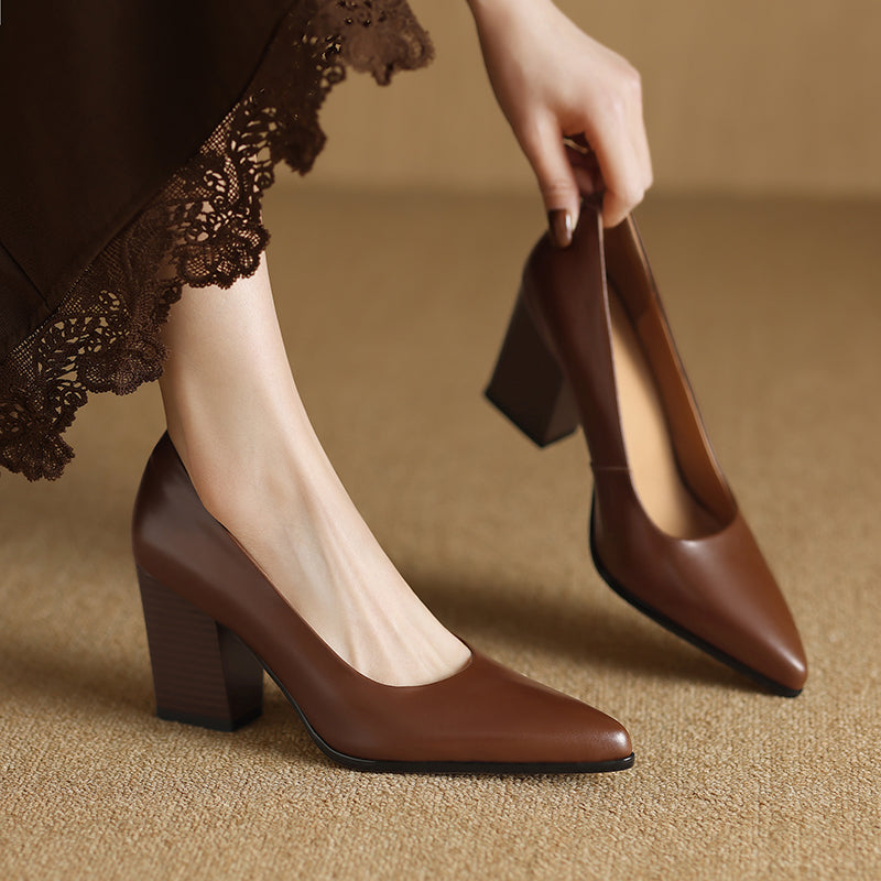 Venetia - Block Heel Pumps Pointed Toe Slip On Work Heels