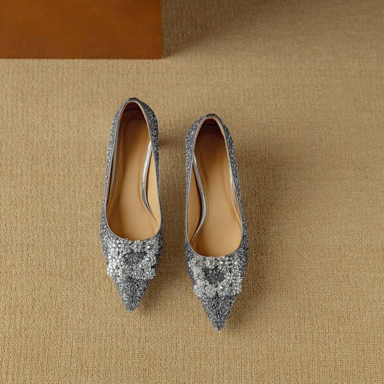 Stella - Glitter Block Heel Pumps Pointed Toe Crystal Buckle