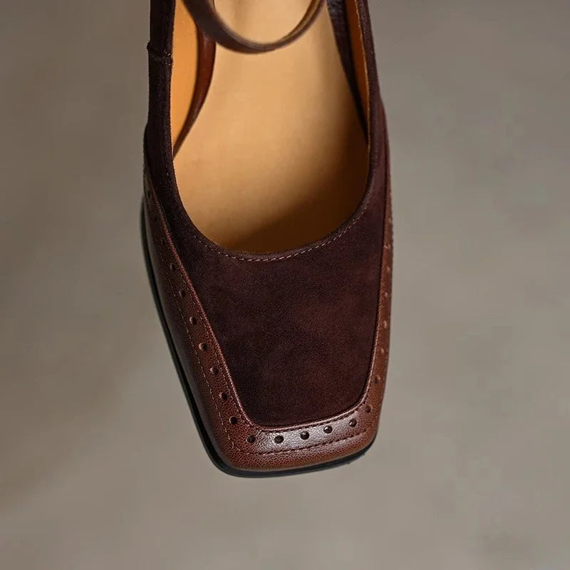 Constance - Square Toe Block Heel Pumps Ankle Strap Brogue