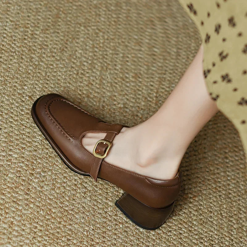 Wren - T-Strap Mary Jane Shoes Square Toe Low Block Heel