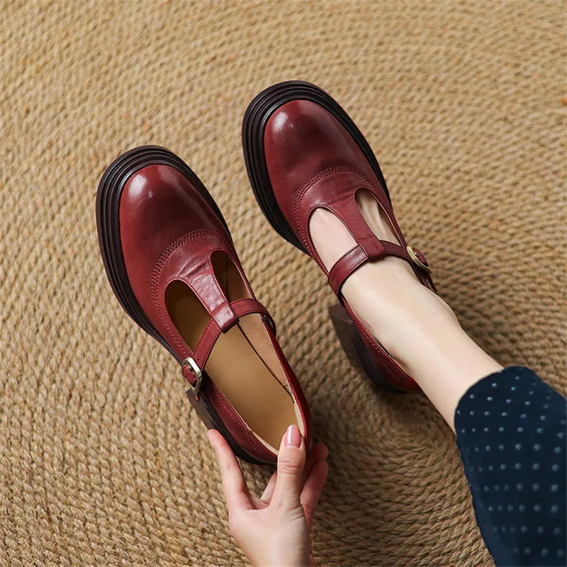 Rowena - Chunky Block Heel Mary Jane Pumps Round Toe Strap