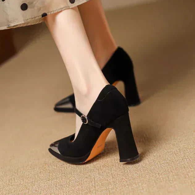 Serena - Mary Jane High Heel Pumps Cap Toe Block Heel Strap