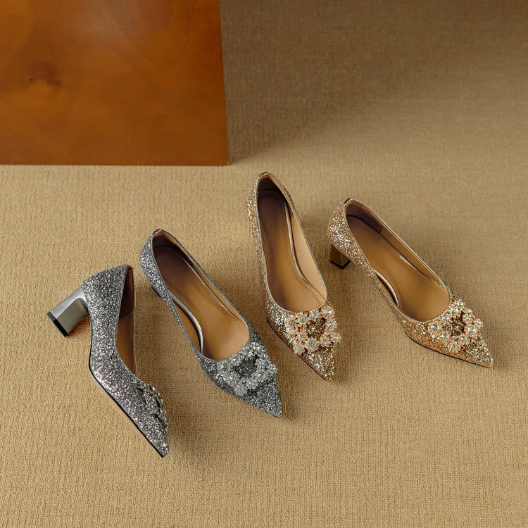 Stella - Glitter Block Heel Pumps Pointed Toe Crystal Buckle