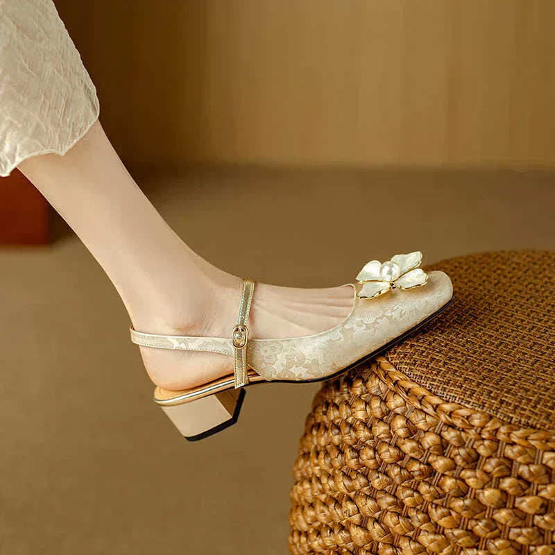 Florine - Floral Slingback Pumps Square Toe Block Heel Shoes