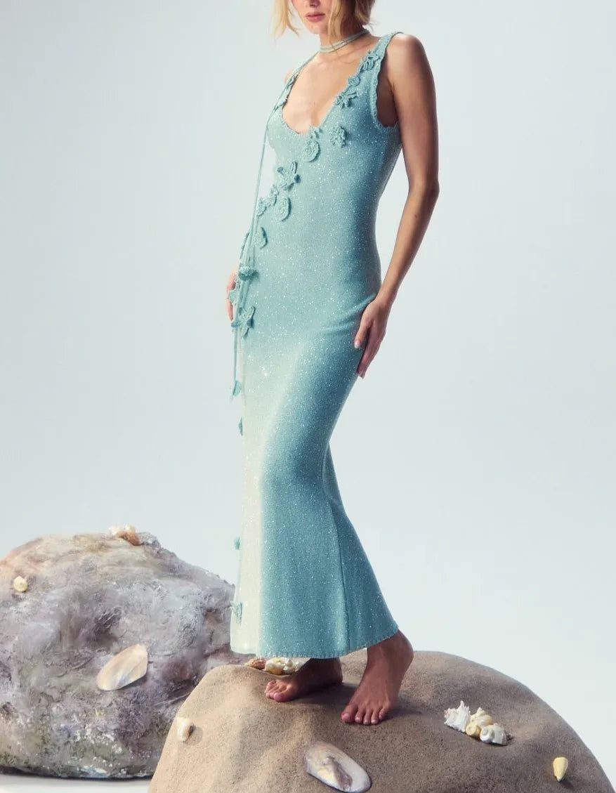 3D Crochet Floral Sparkle Knit Mermaid Midi Dress