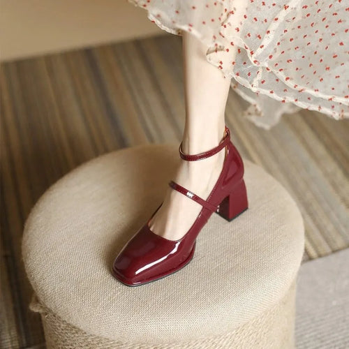 Ankle Strap Block Heel Pumps Square Toe Mary Jane