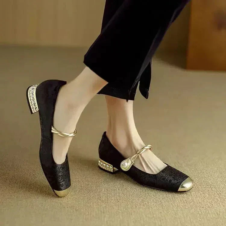 Celestine - Pearl Strap Mary Jane Shoes Glitter Block Heel
