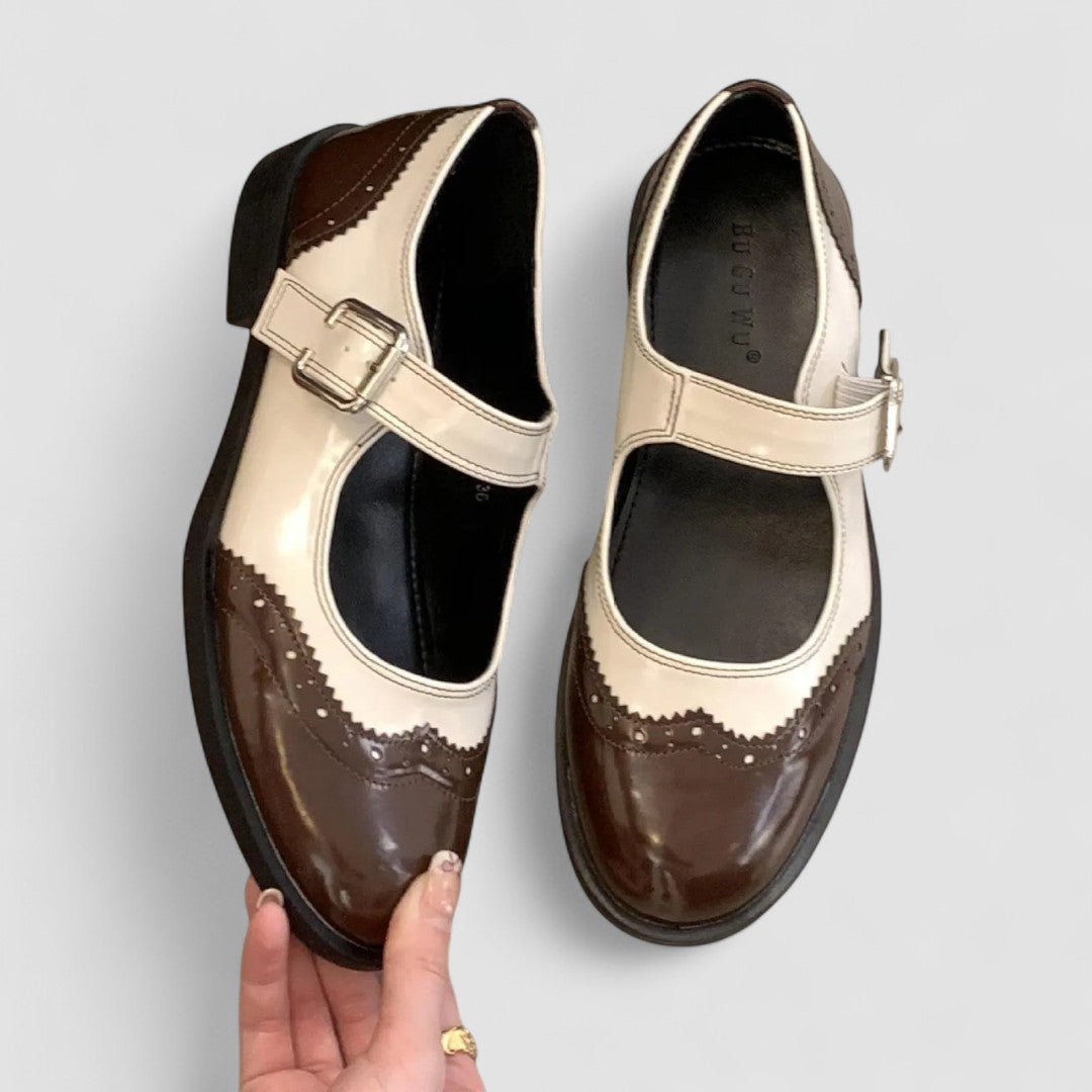 Audrey - Two-Tone Leather Mary Jane Shoes Brogue Low Heel