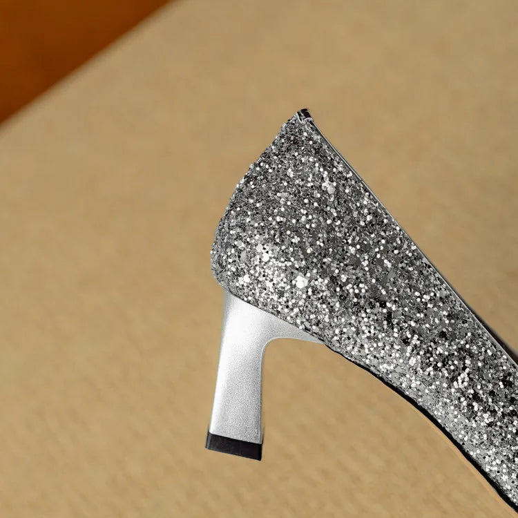 Stella - Glitter Block Heel Pumps Pointed Toe Crystal Buckle