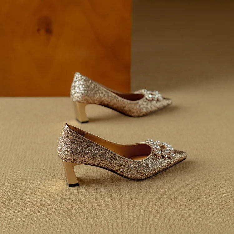 Stella - Glitter Block Heel Pumps Pointed Toe Crystal Buckle