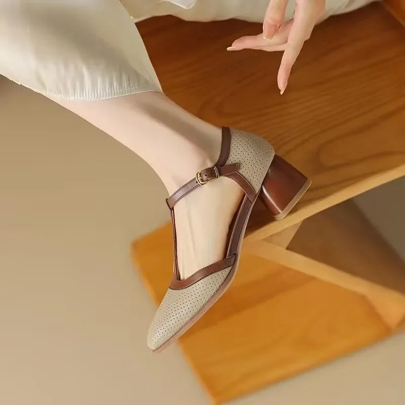 Piper - T-Strap Block Heel Shoes Square Toe Mid Heel Pumps