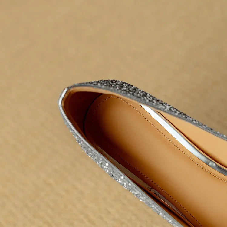 Stella - Glitter Block Heel Pumps Pointed Toe Crystal Buckle