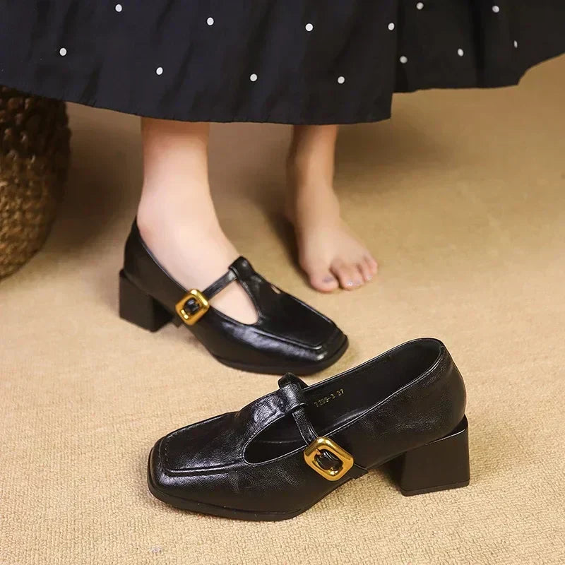 Odette - Square Toe Mary Jane Heels Block Heel Gold Buckle