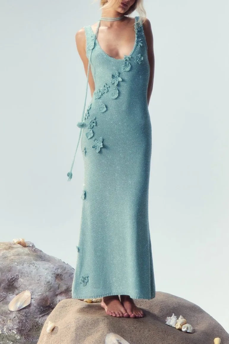 3D Crochet Floral Sparkle Knit Mermaid Midi Dress