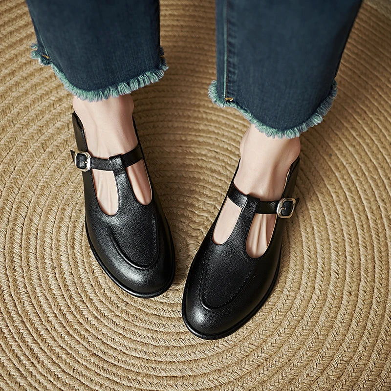 Petra - T-Strap Mary Jane Flats Round Toe Low Heel Pumps
