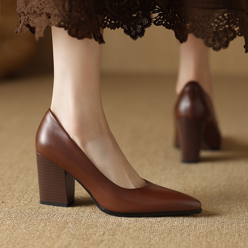 Venetia - Block Heel Pumps Pointed Toe Slip On Work Heels