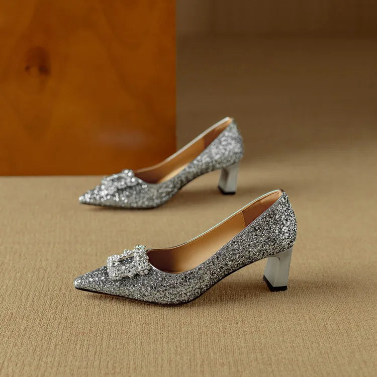 Stella - Glitter Block Heel Pumps Pointed Toe Crystal Buckle