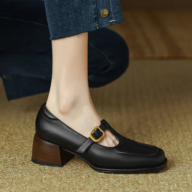 Wren - T-Strap Mary Jane Shoes Square Toe Low Block Heel
