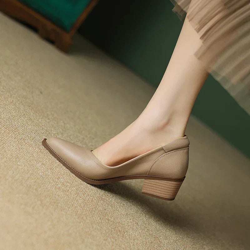 Cora - Pointed Toe Block Heel Pumps Slip On Mid Heel Shoes