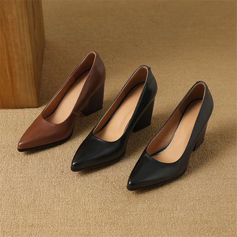 Venetia - Block Heel Pumps Pointed Toe Slip On Work Heels