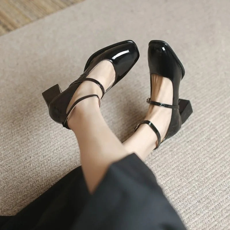 Celeste - Ankle Strap Block Heel Pumps Square Toe Mary Jane