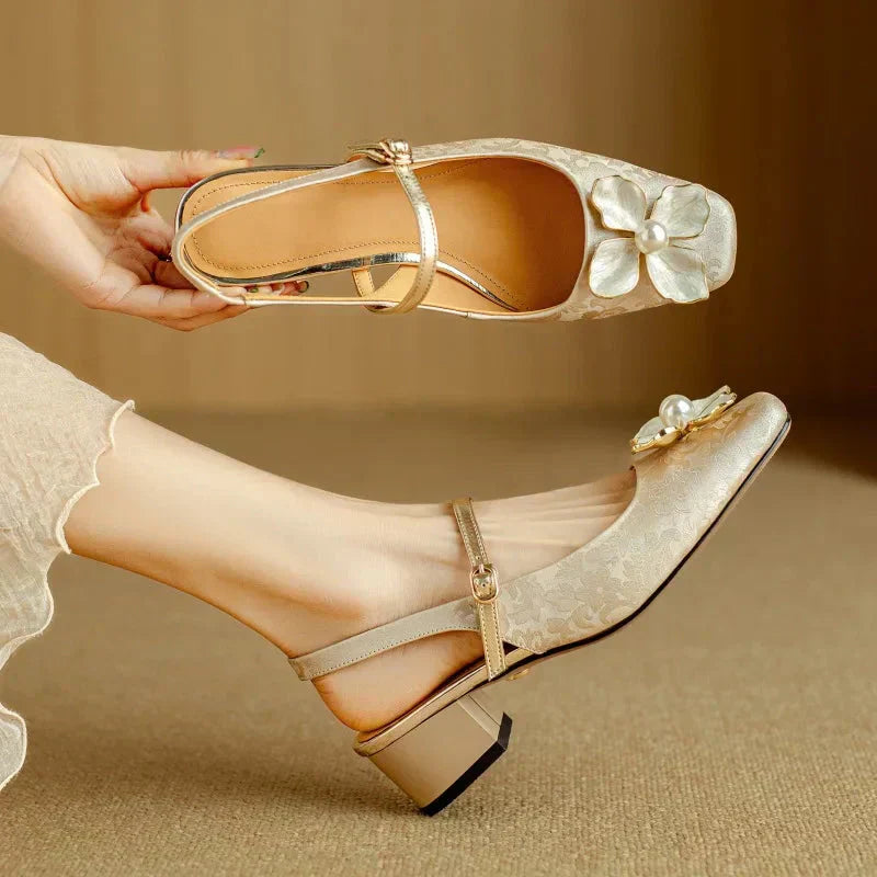 Isabeau - Floral Mary Jane Pumps Block Heel Jacquard Strap