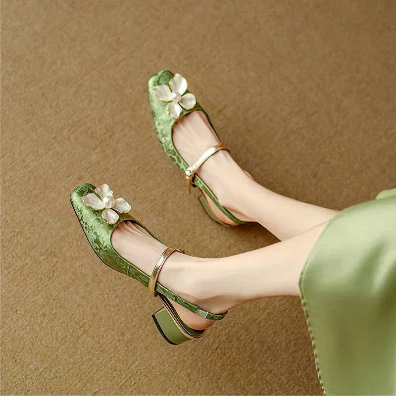 Isabeau - Floral Mary Jane Pumps Block Heel Jacquard Strap