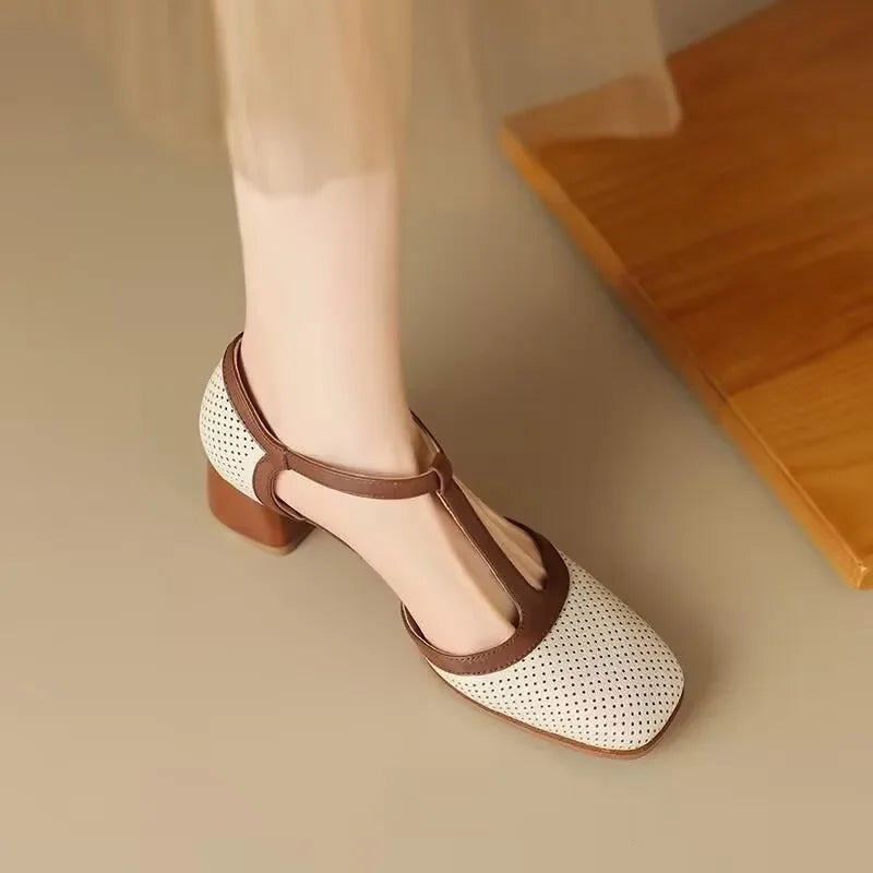 Piper - T-Strap Block Heel Shoes Square Toe Mid Heel Pumps