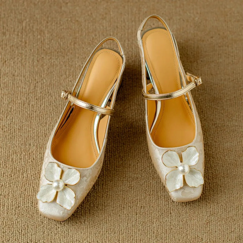 Florine - Floral Slingback Pumps Square Toe Block Heel Shoes