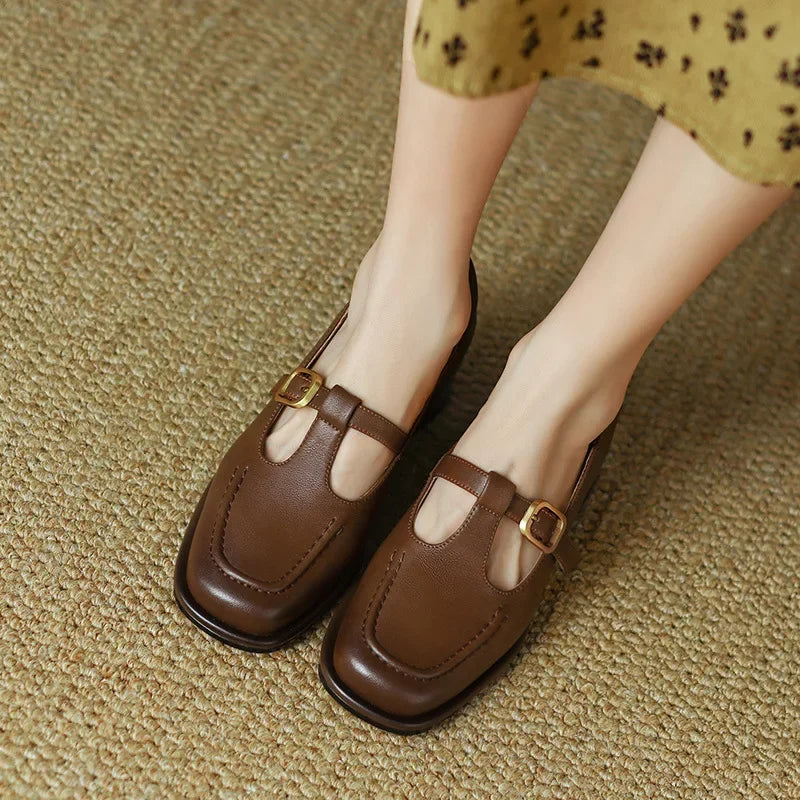 Wren - T-Strap Mary Jane Shoes Square Toe Low Block Heel
