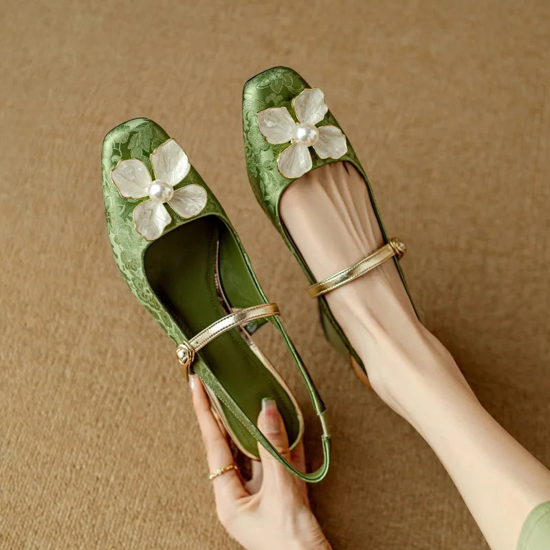 Florine - Floral Slingback Pumps Square Toe Block Heel Shoes