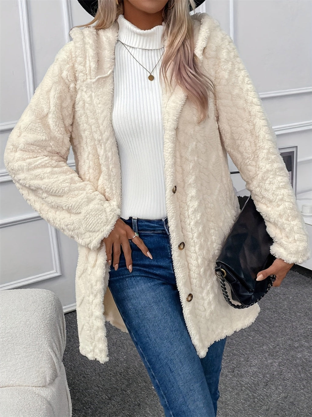 Ruth | Fuzzy Button Down Hooded Coat