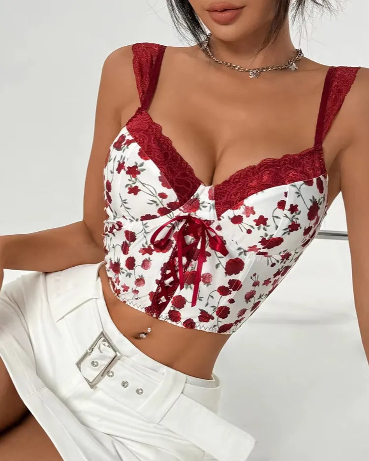 Floral Lace-Up Bustier Top