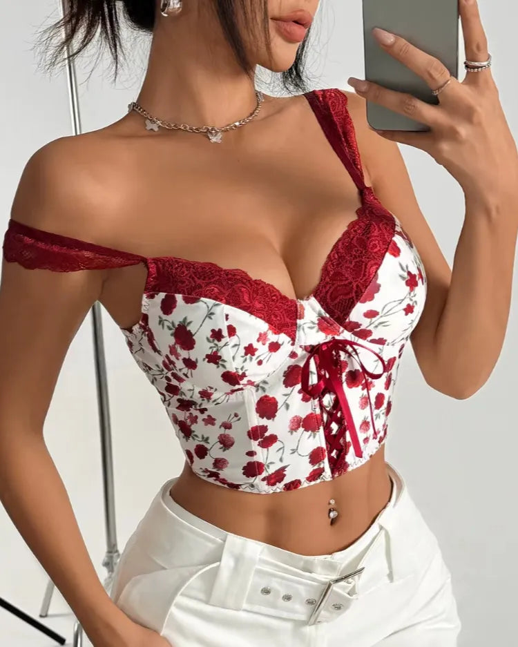 Floral Lace-Up Bustier Top