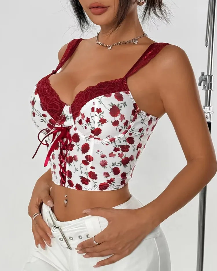 Floral Lace-Up Bustier Top